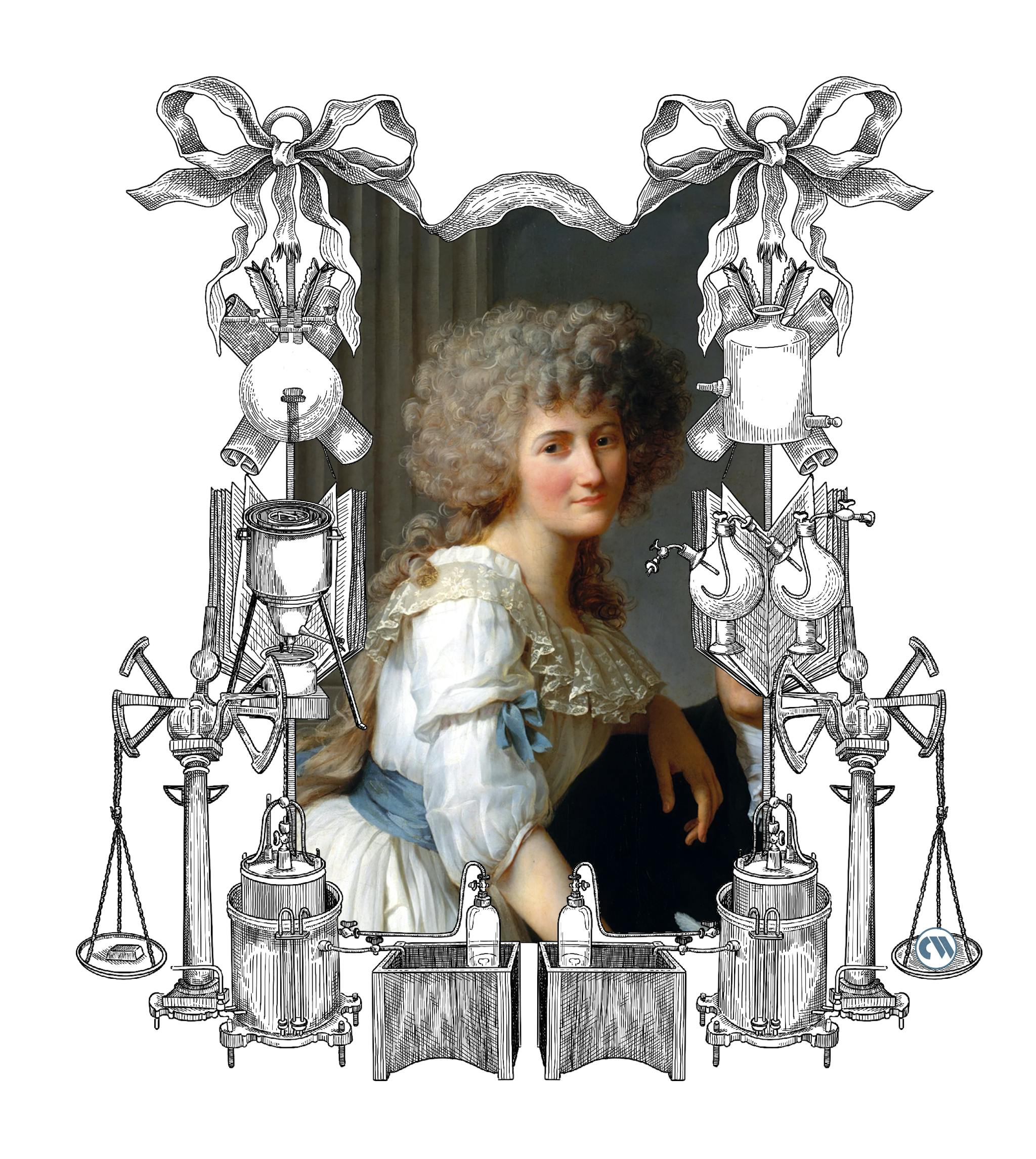 Illustrated frame with Marie-Anne Paulze Lavoisier portrait.