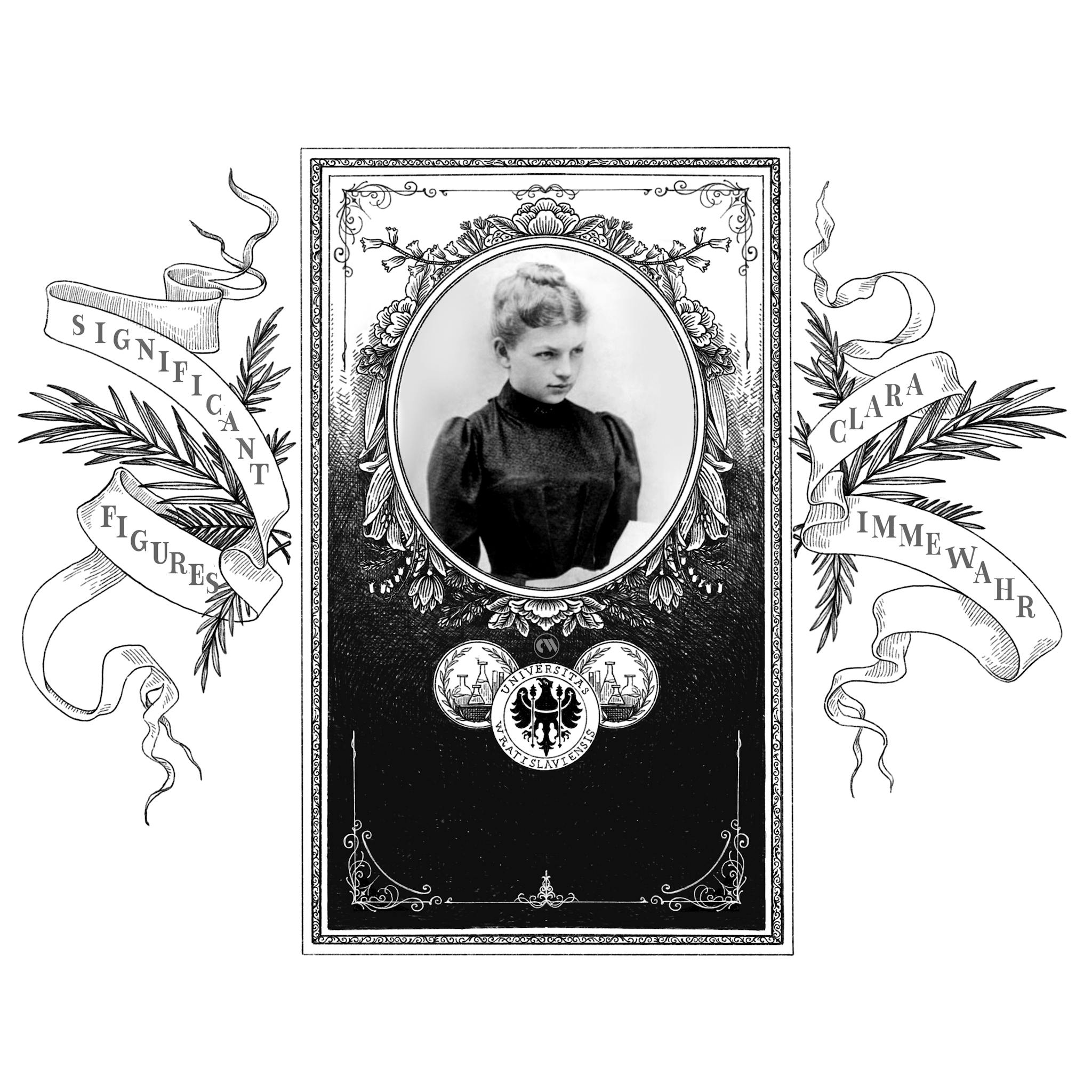 Illustrated frame with Clara Immewahr portrait.