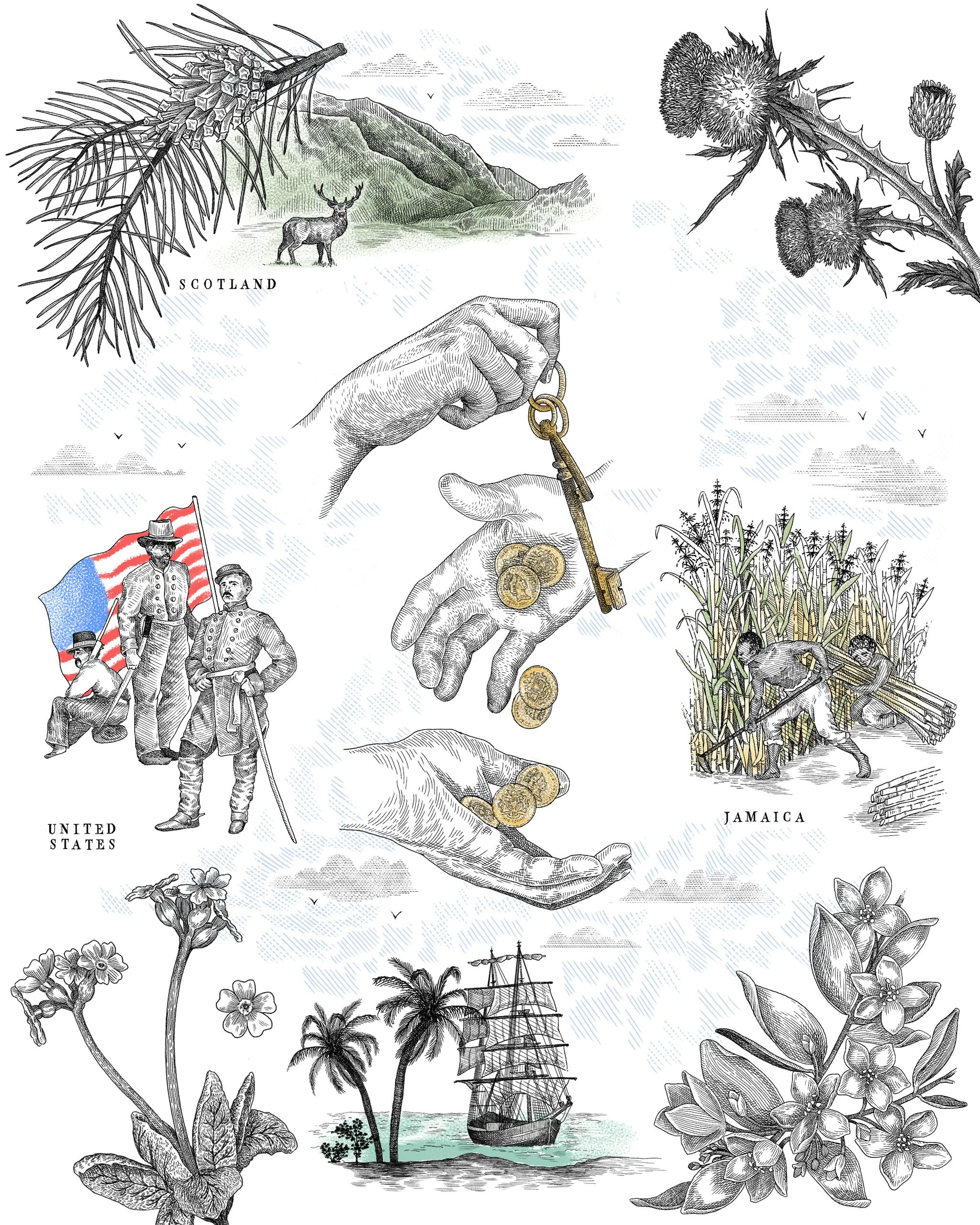 Several illustrations representing trades between Scotland, United States and Jamaica.