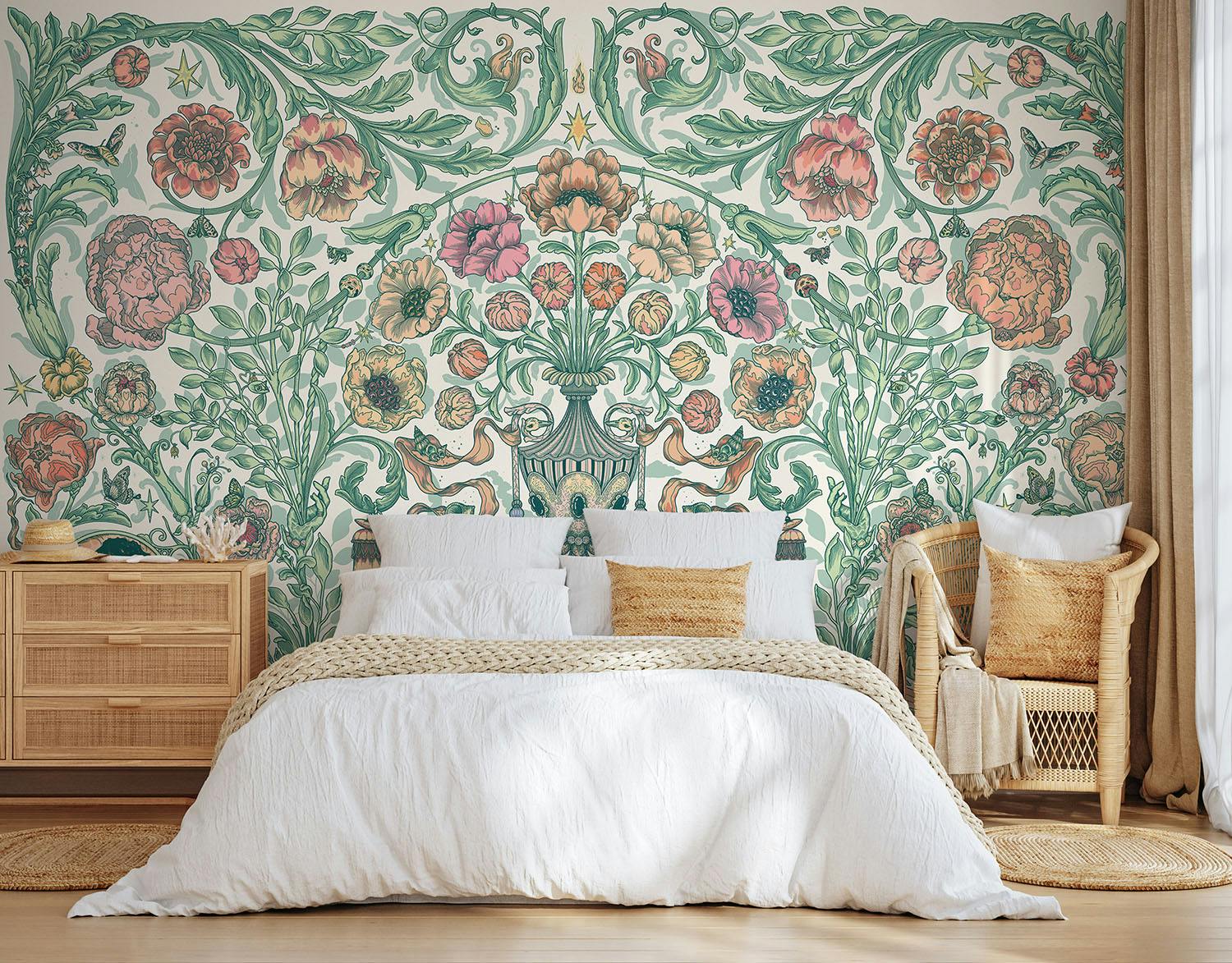 "le jardin merveilleux" fresco in an intense and light green set on a bedroom wall