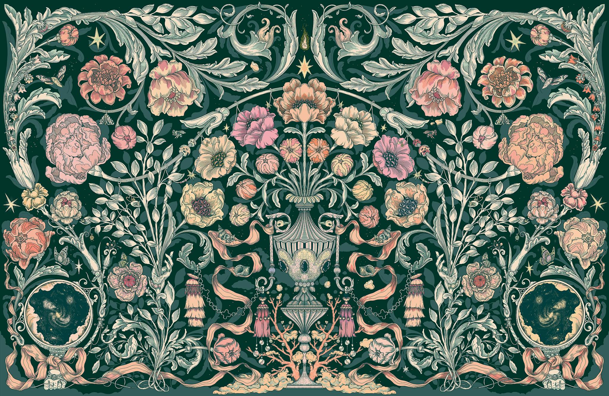 "le jardin merveilleux" fresco in an intense and deep green with hint of pink and peach flowers