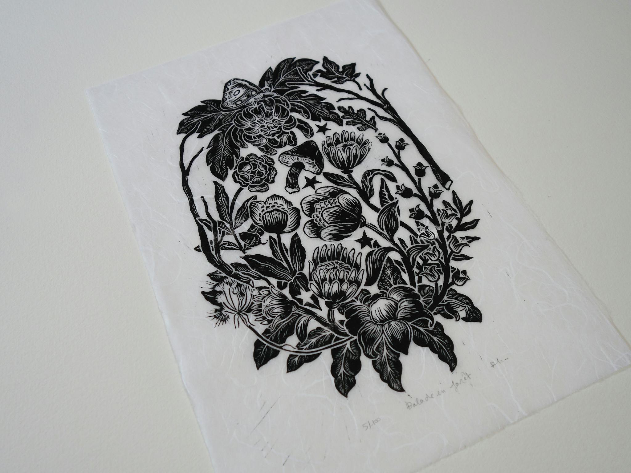 A large view of the lino print Balade en forêt