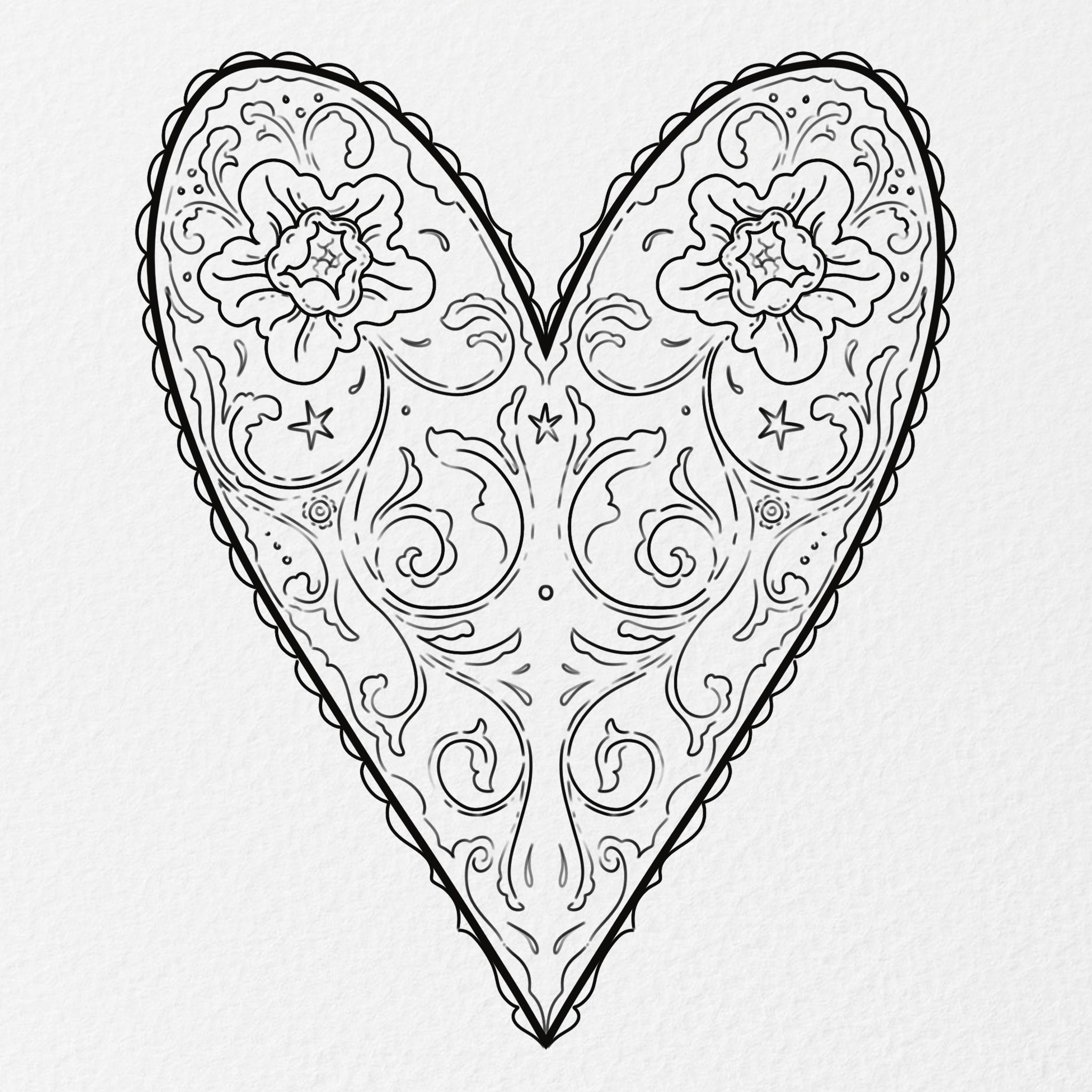 Simple line heart. Arabesque and flowers.