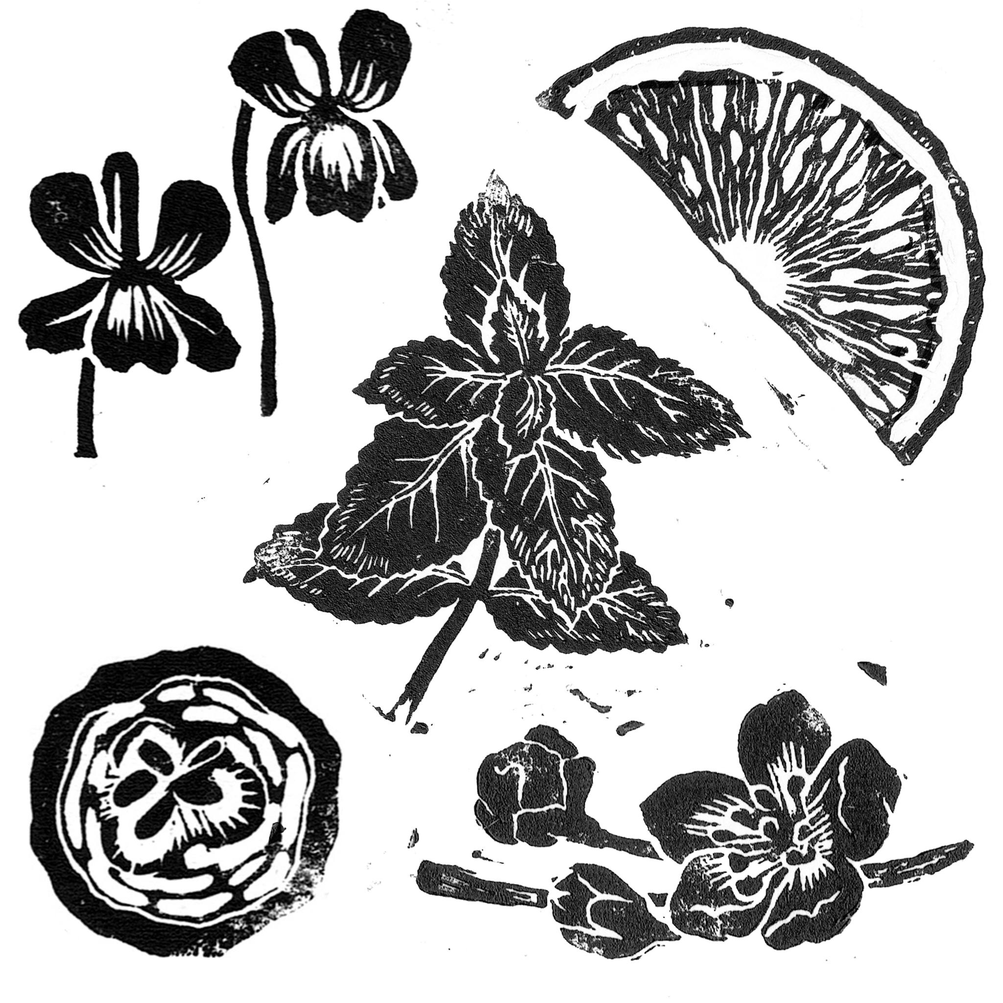 linocarved fruits and flowers for LeBreuvage