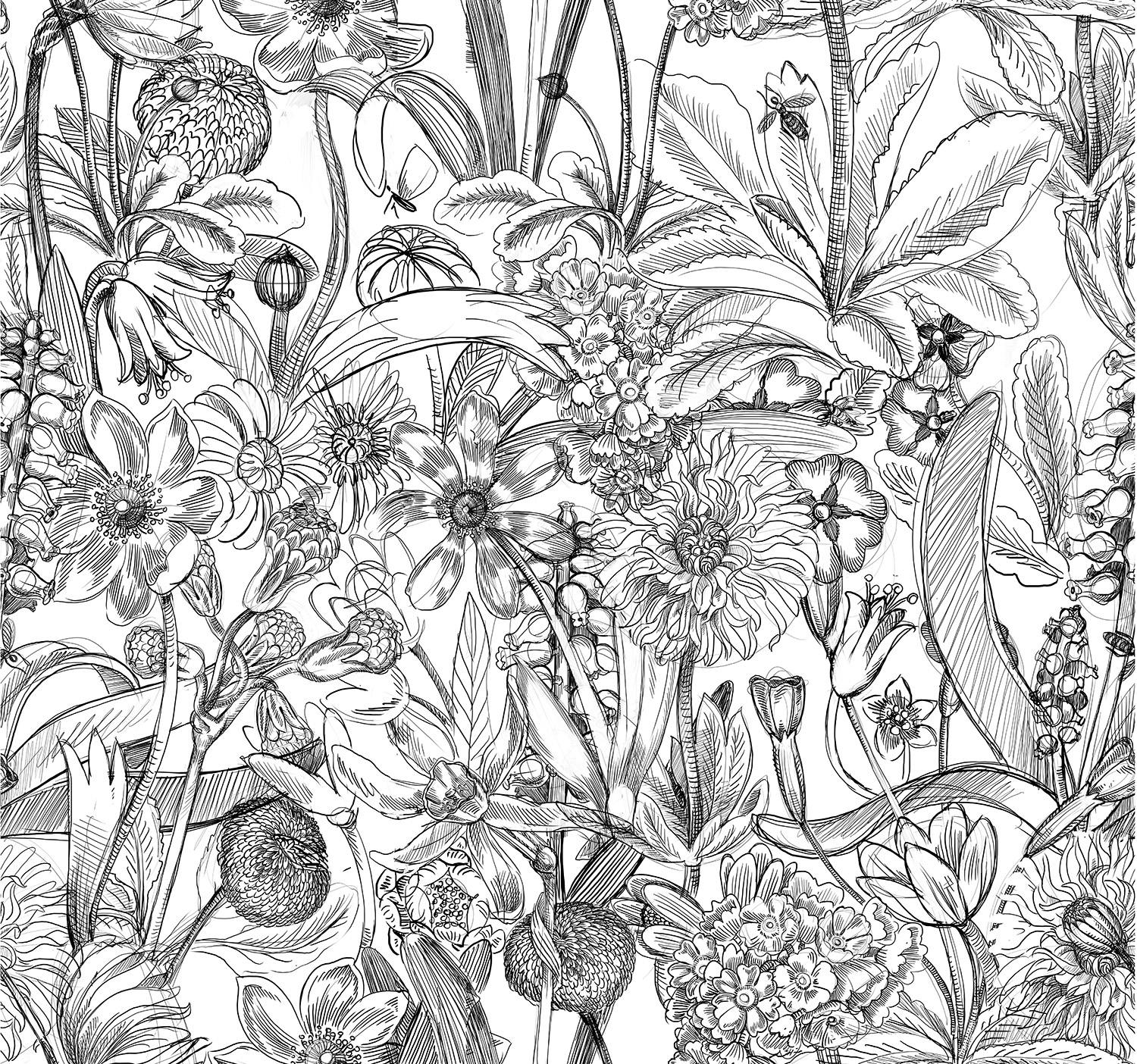 Repetitive sketch of fauna and flora for a wall