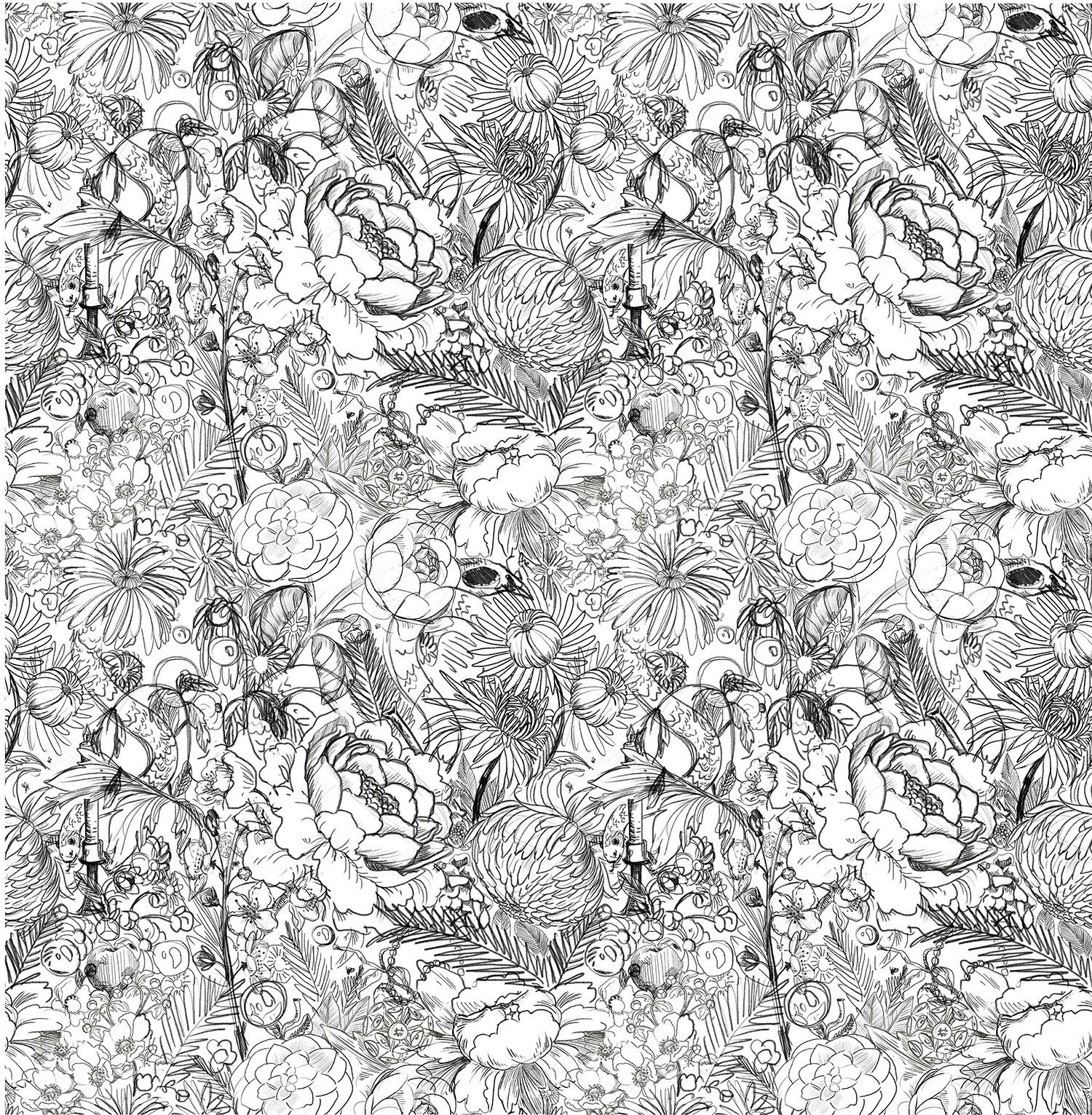 Black and white botanical sketch of for a pattern